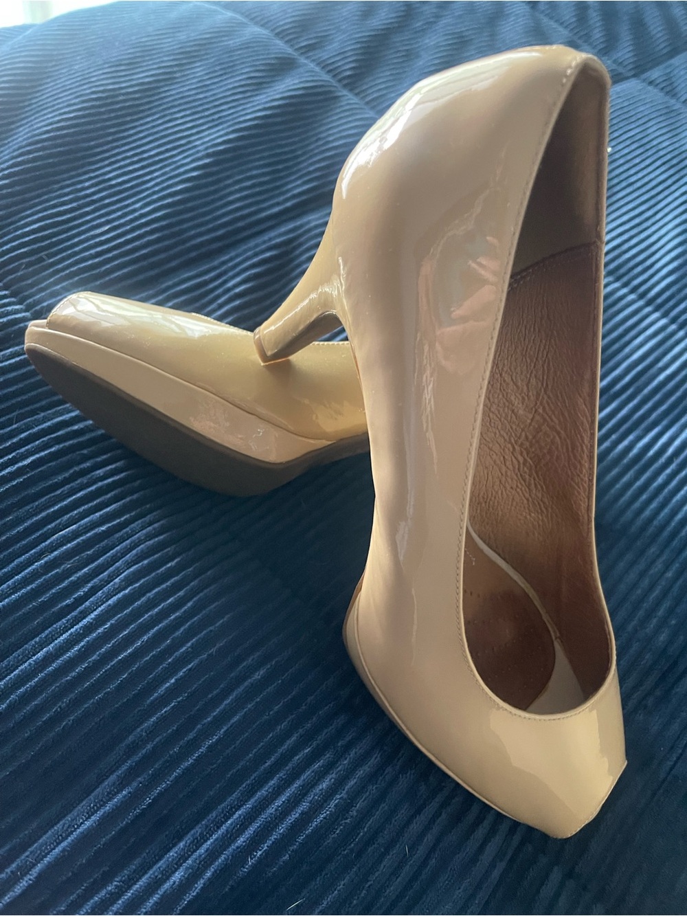 Clarks Indigo Women's Patent Beige High Heel Peep Toe Pumps